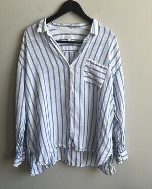 J Jill Love Linen Top Drop Shoulder Shirt XL Blue White Long Sleeve Coastal